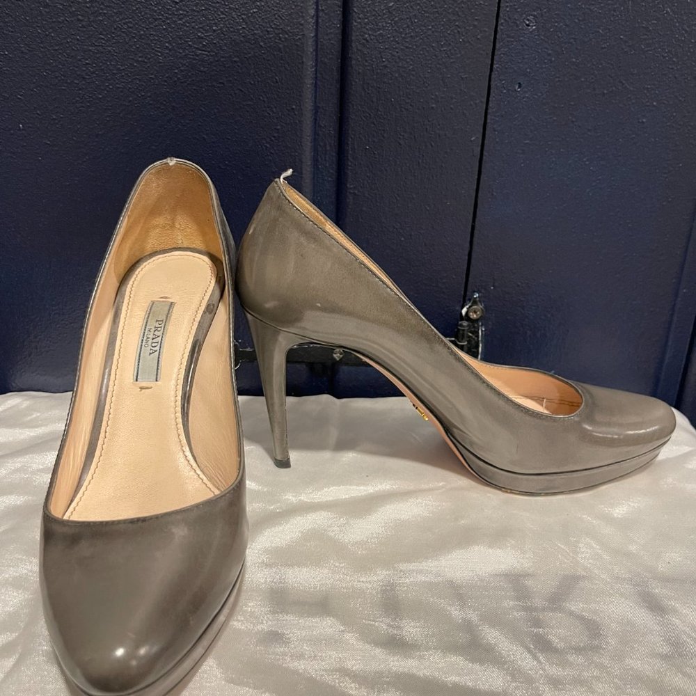 Prada Platform Heel Grey Patent 37